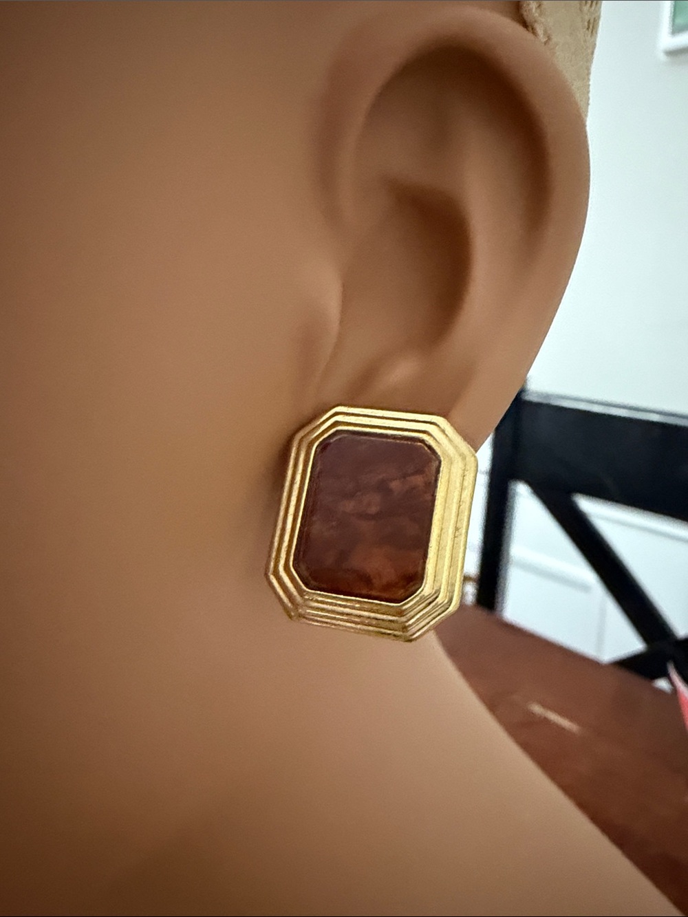 Avon Gold-Tone Brown Stone Octagonal Clip Earrings